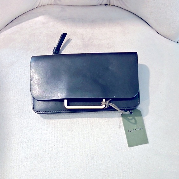 All Saints Handbags - All Saints Black Leather Clutch with Metallic Hardware 7 1/2" X 4"
